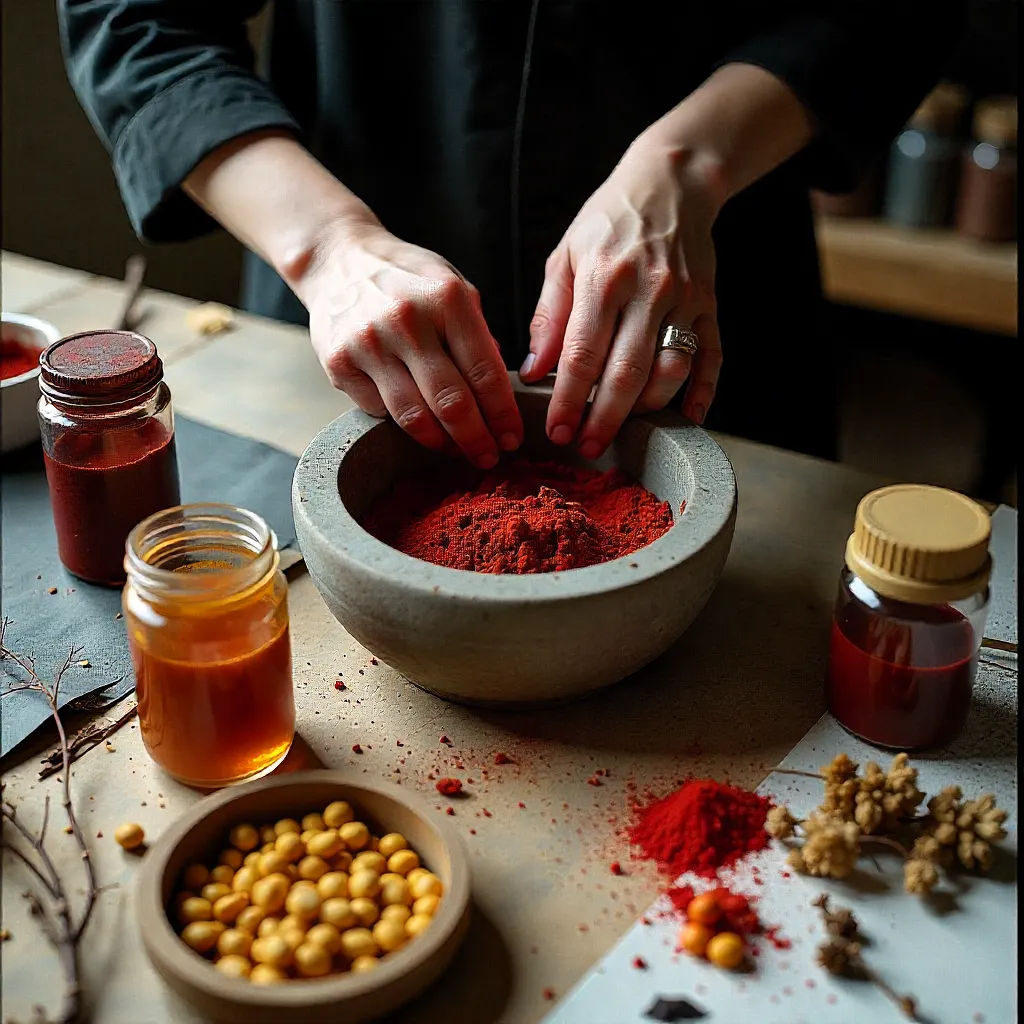 Artist mixing plant-based pigments on wooden palette