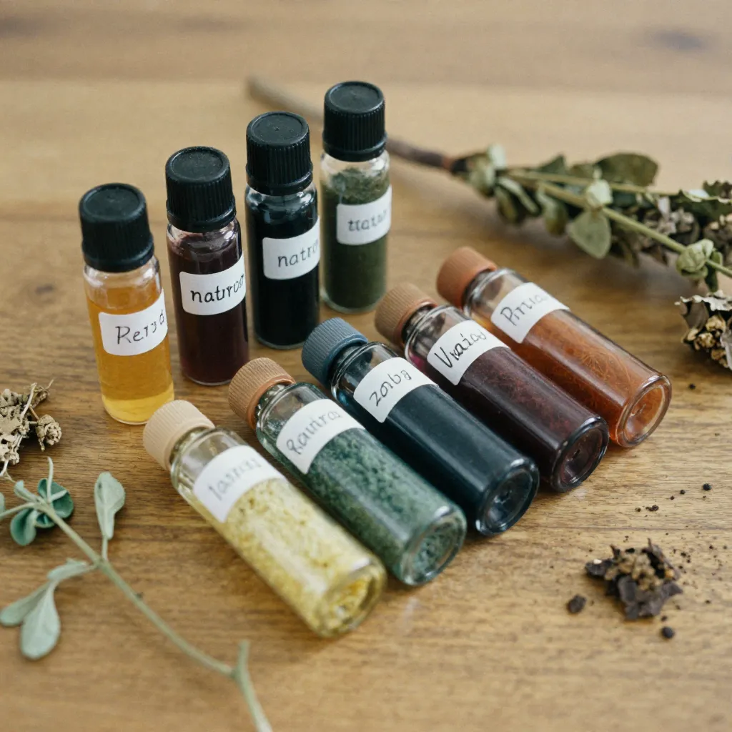Collection of natural dyes in glass containers